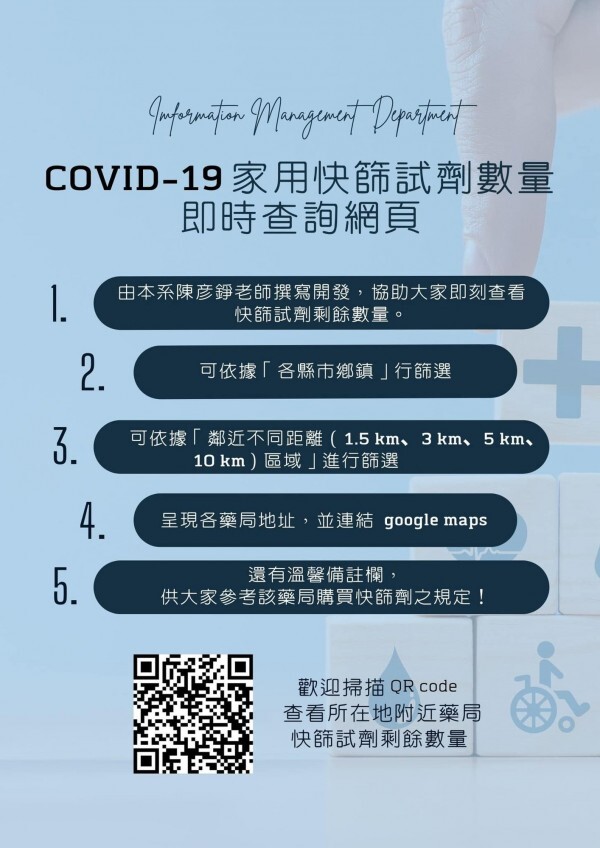 國立暨南國際大學資管系教授陳彥錚開發快篩試劑數量即時查詢網頁，也可手機掃瞄QR code連結。（國立暨南國際大學提供）